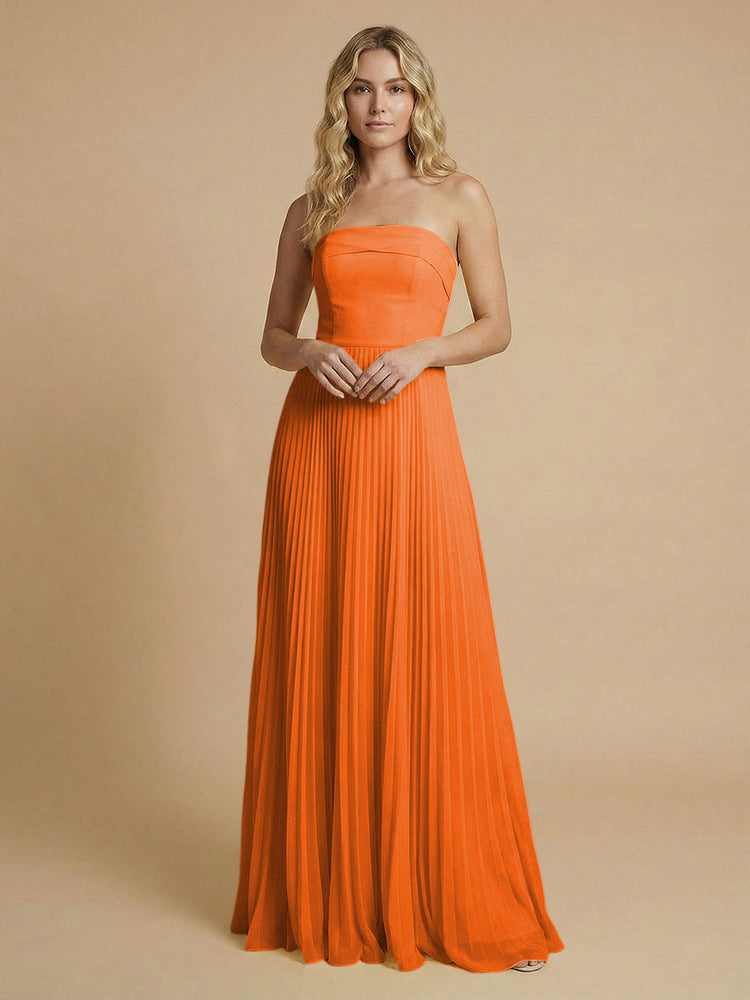 Chiffon A-Line Strapless Long Bridesmaid Dresses with Pleated
