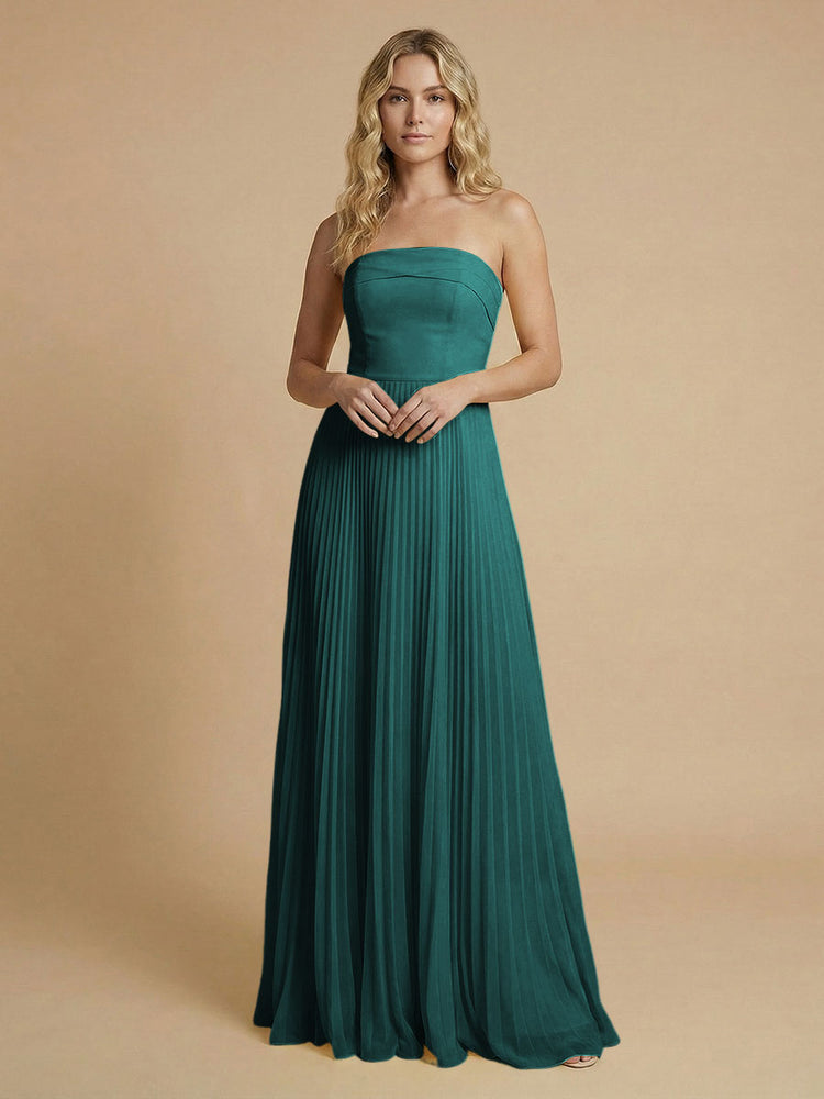 Chiffon A-Line Strapless Long Bridesmaid Dresses with Pleated