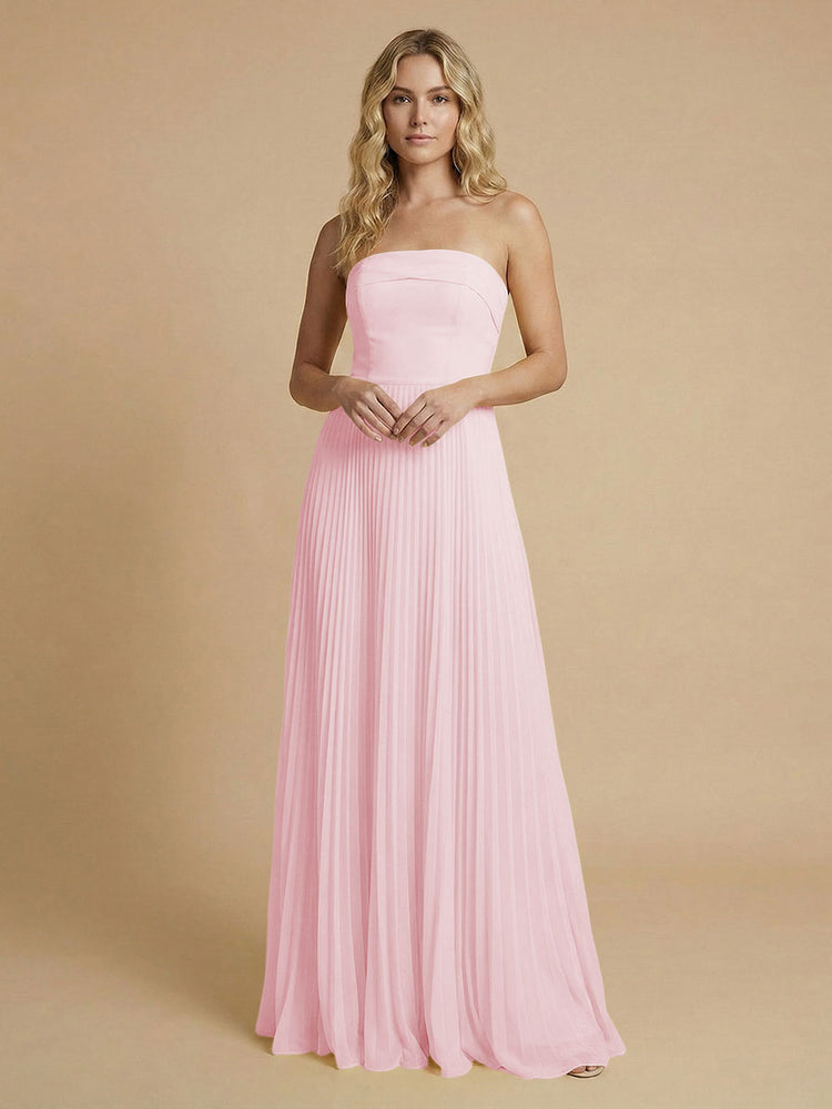 Chiffon A-Line Strapless Long Bridesmaid Dresses with Pleated