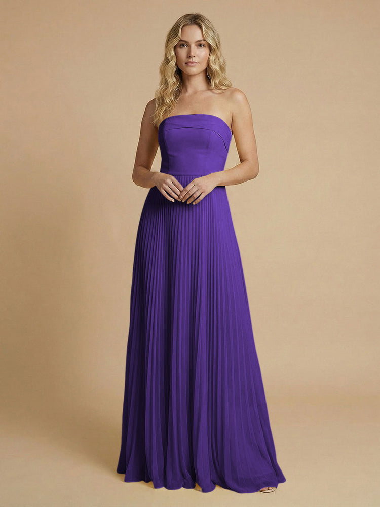 Chiffon A-Line Strapless Long Bridesmaid Dresses with Pleated