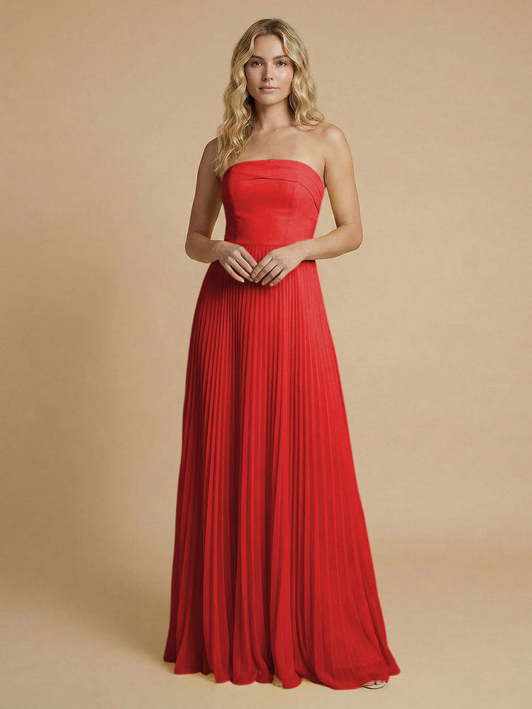 Chiffon A-Line Strapless Long Bridesmaid Dresses with Pleated