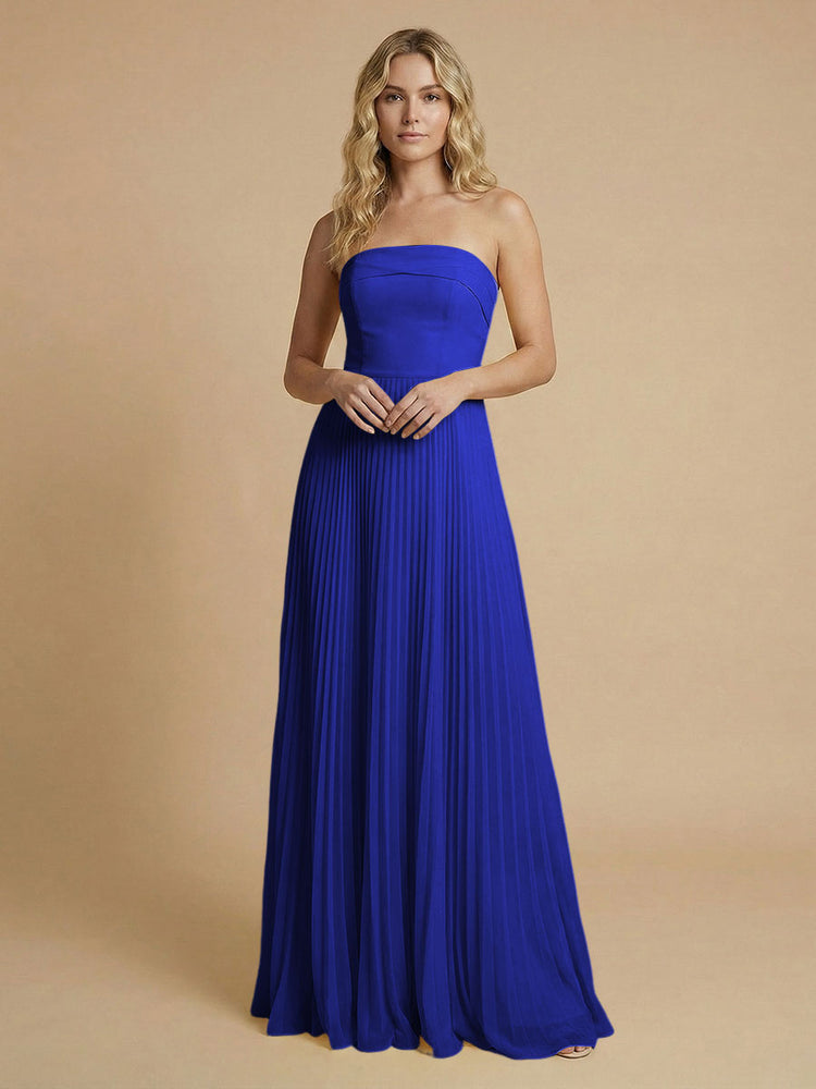 Chiffon A-Line Strapless Long Bridesmaid Dresses with Pleated