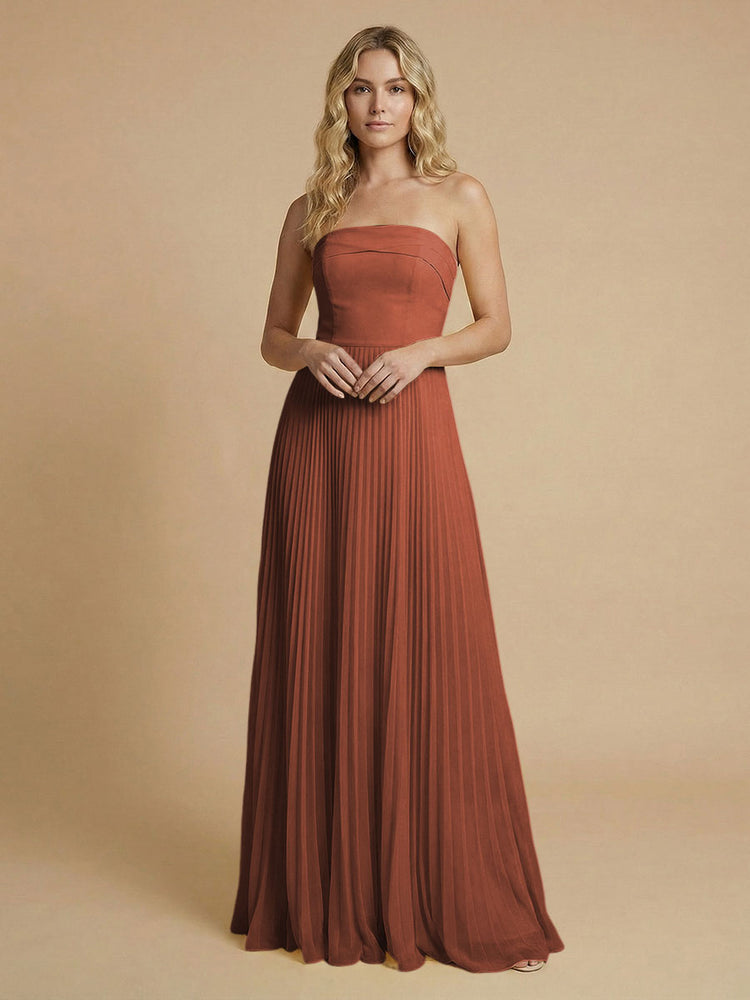 Chiffon A-Line Strapless Long Bridesmaid Dresses with Pleated