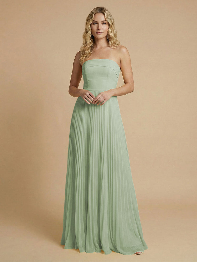 Chiffon A-Line Strapless Long Bridesmaid Dresses with Pleated