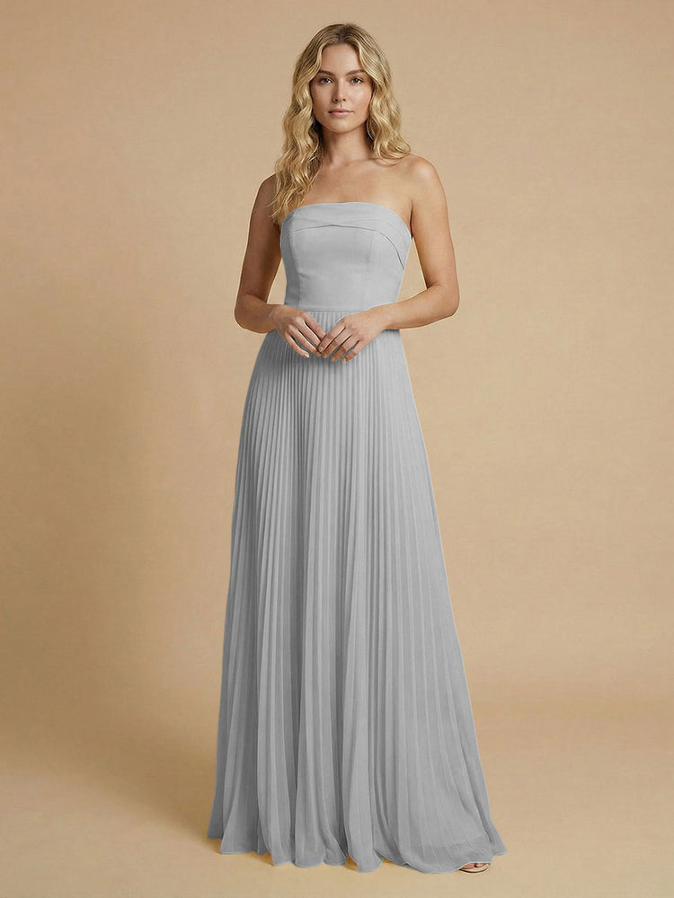 Chiffon A-Line Strapless Long Bridesmaid Dresses with Pleated