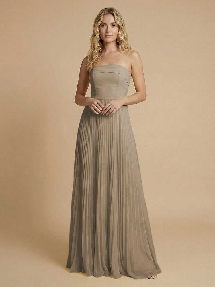 Chiffon A-Line Strapless Long Bridesmaid Dresses with Pleated
