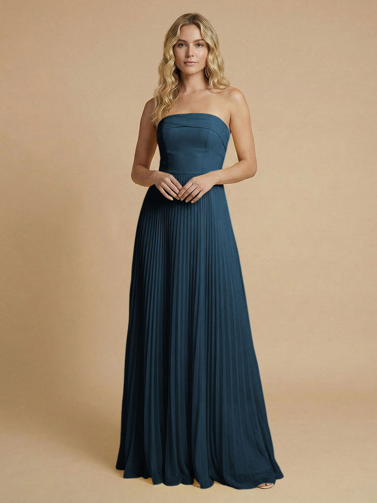 Chiffon A-Line Strapless Long Bridesmaid Dresses with Pleated