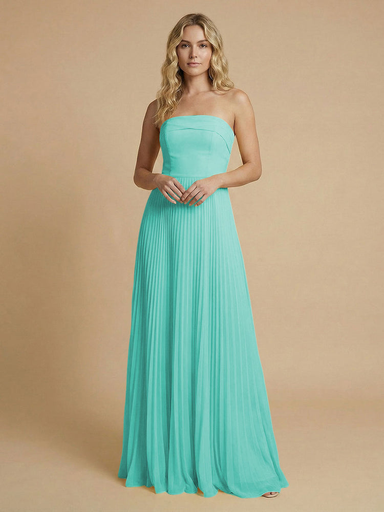 Chiffon A-Line Strapless Long Bridesmaid Dresses with Pleated