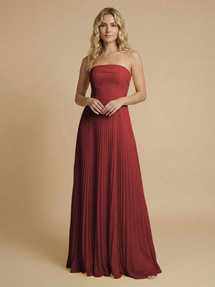 Chiffon A-Line Strapless Long Bridesmaid Dresses with Pleated
