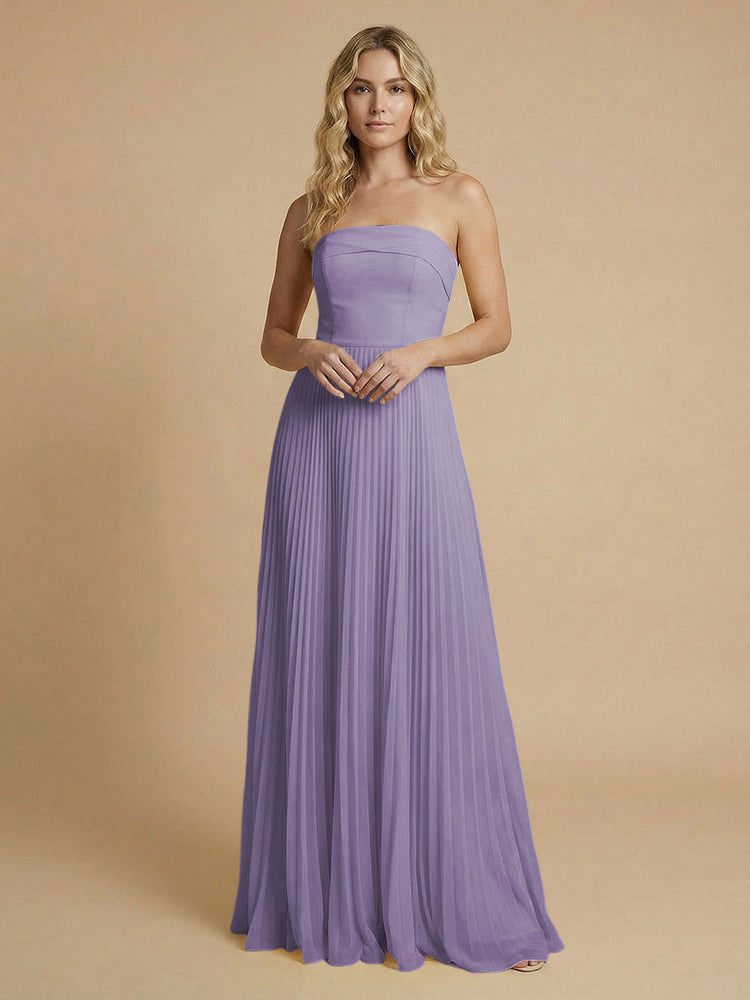 Chiffon A-Line Strapless Long Bridesmaid Dresses with Pleated