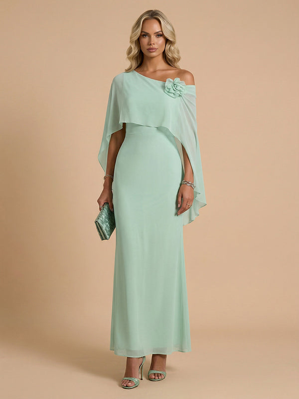 Chiffon Sheath Cowl Neck Long Bridesmaid Dresses with Cape