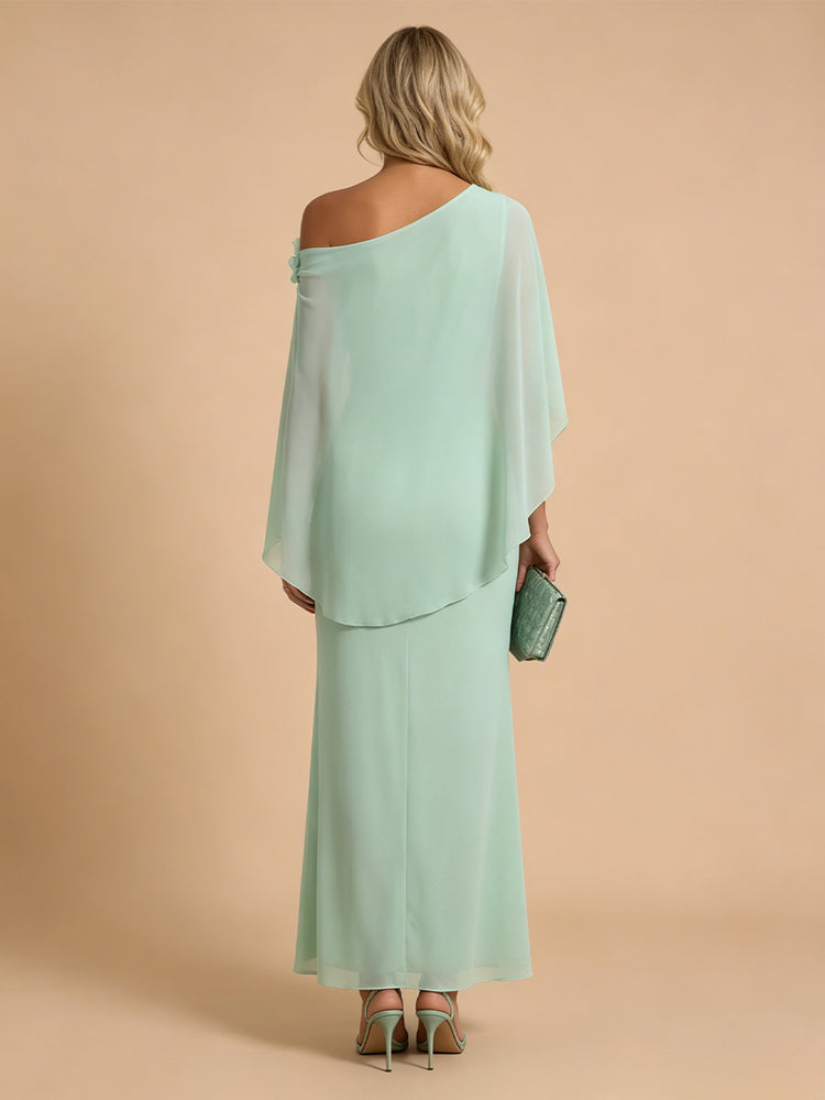 Chiffon Sheath Cowl Neck Long Bridesmaid Dresses with Cape