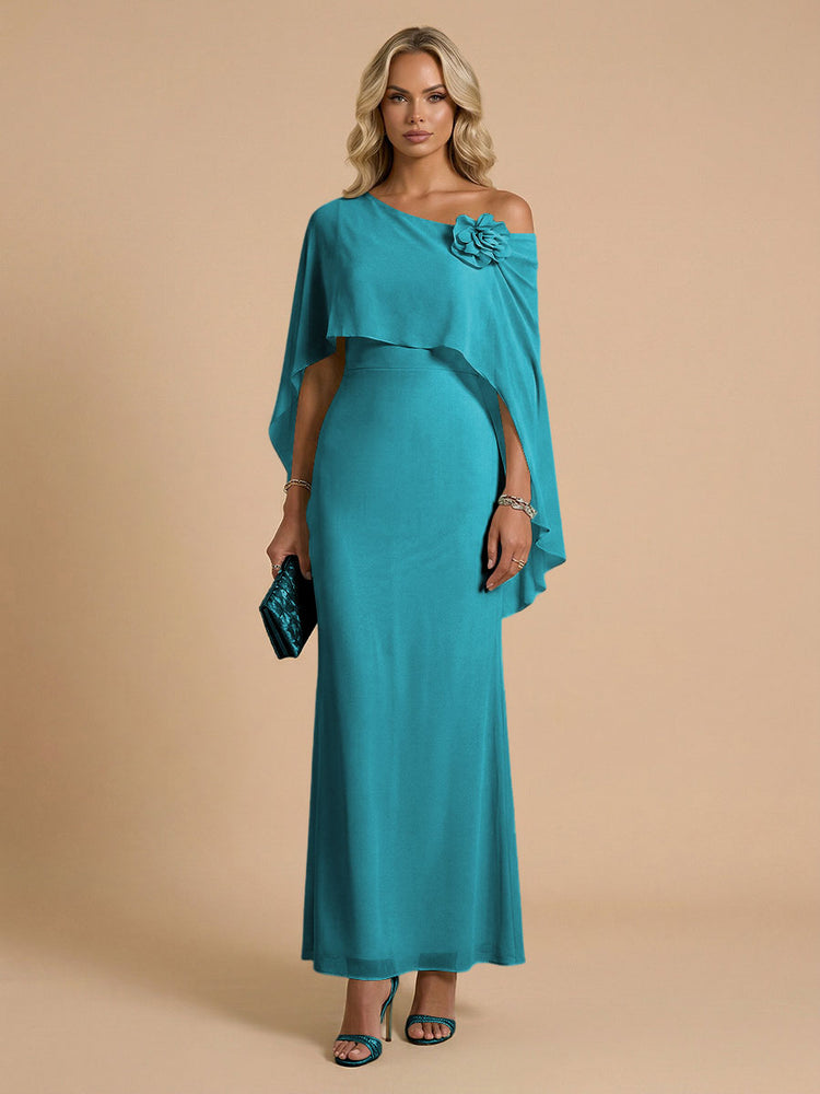 Chiffon Sheath Cowl Neck Long Bridesmaid Dresses with Cape