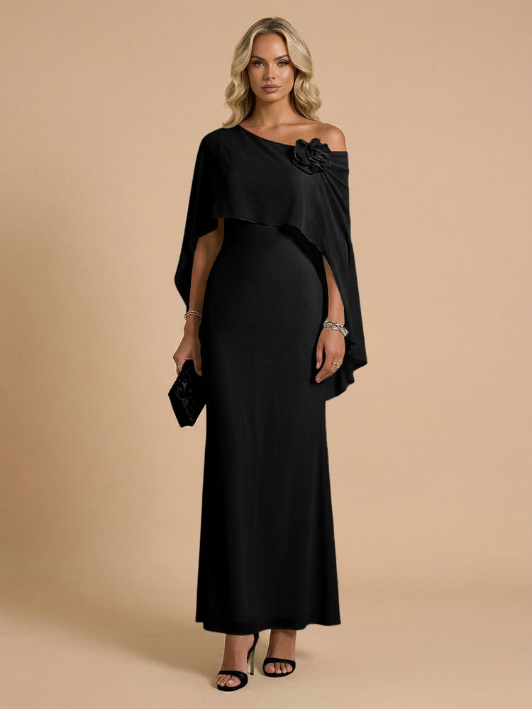 Chiffon Sheath Cowl Neck Long Bridesmaid Dresses with Cape