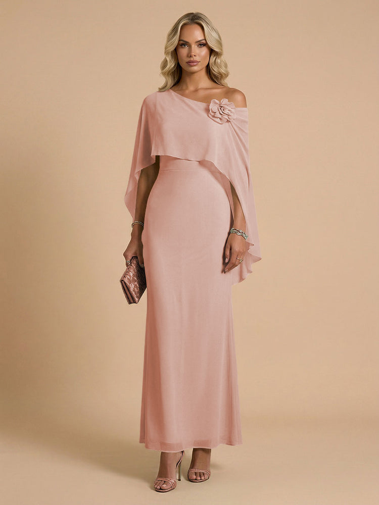 Chiffon Sheath Cowl Neck Long Bridesmaid Dresses with Cape