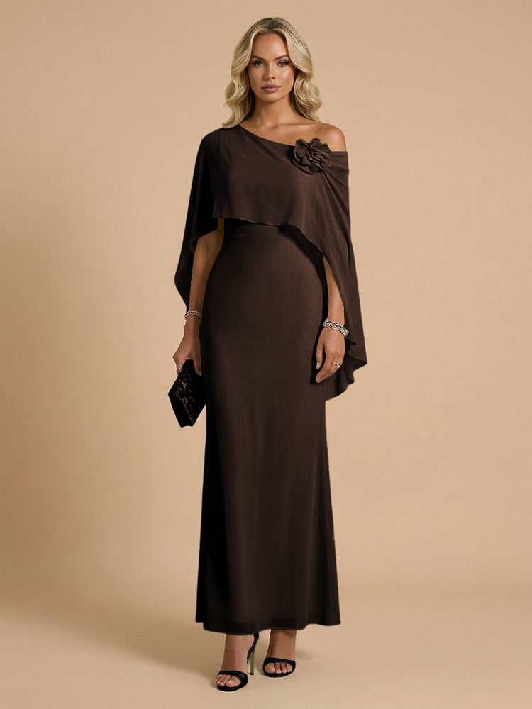 Chiffon Sheath Cowl Neck Long Bridesmaid Dresses with Cape
