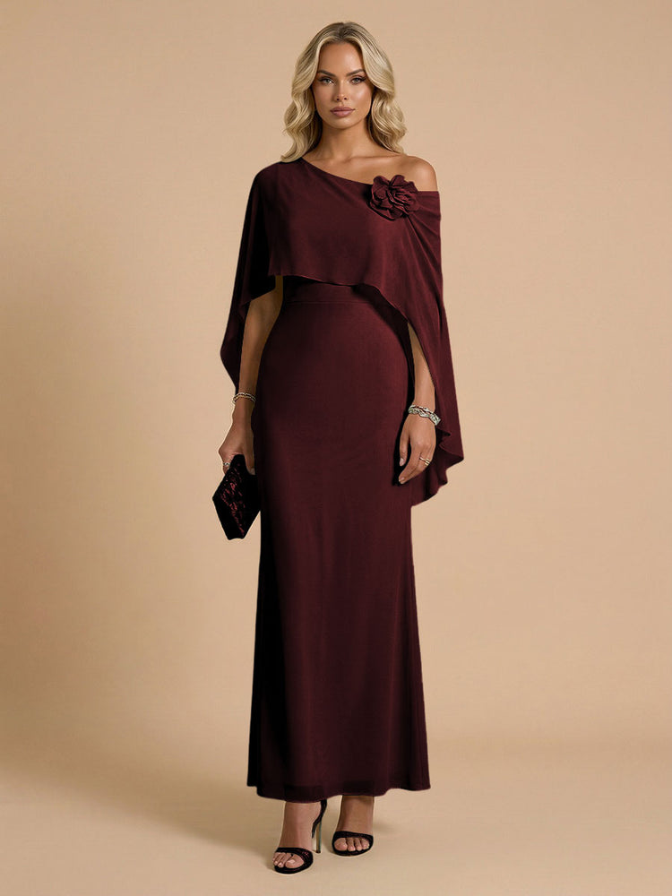 Chiffon Sheath Cowl Neck Long Bridesmaid Dresses with Cape