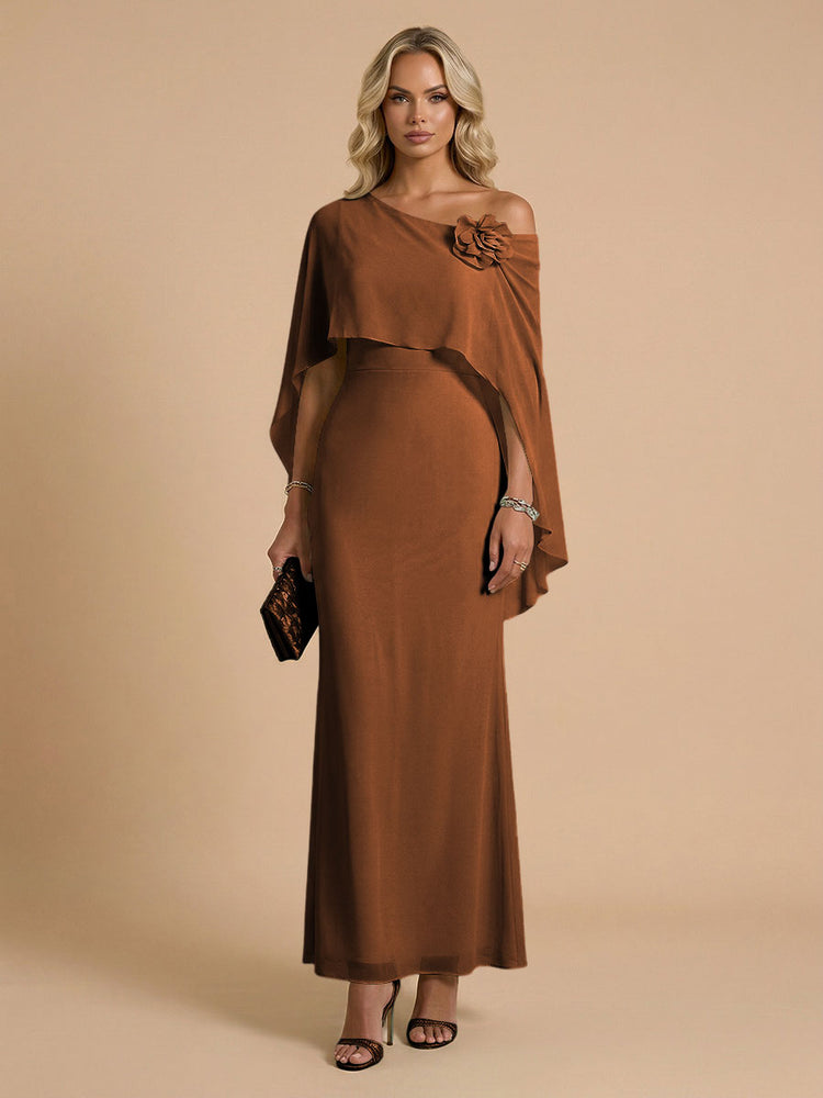 Chiffon Sheath Cowl Neck Long Bridesmaid Dresses with Cape