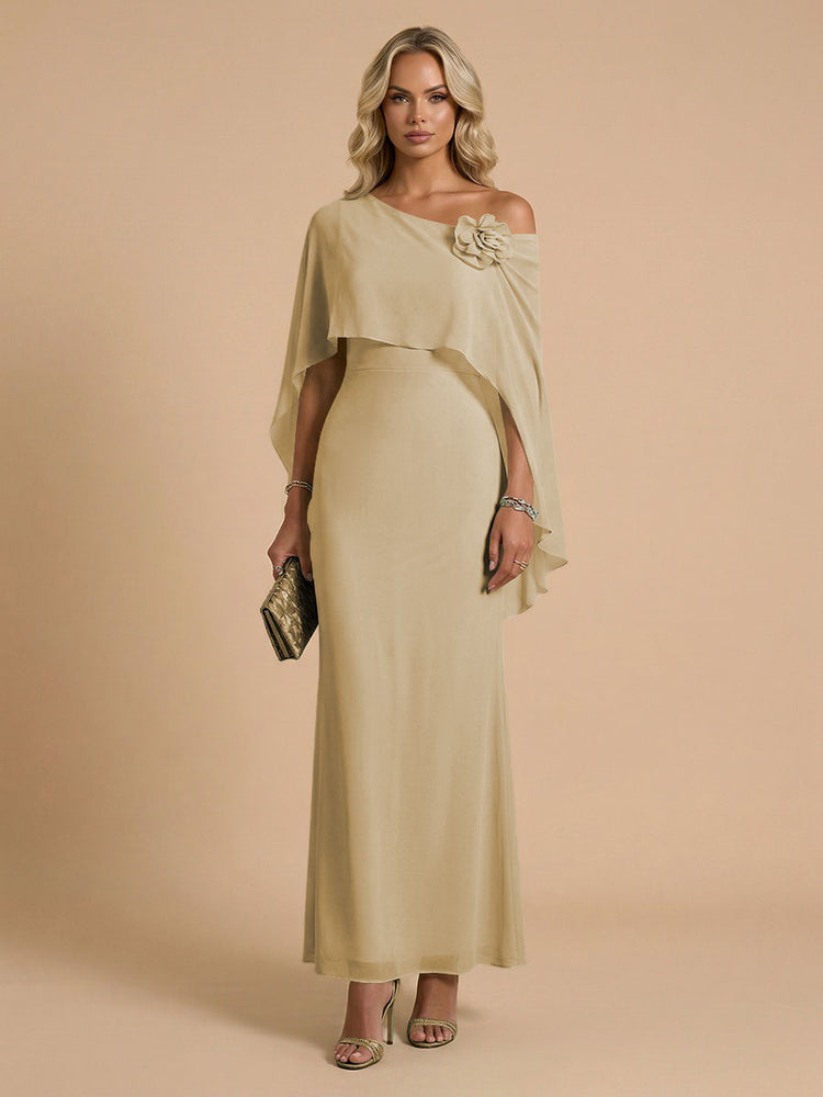 Chiffon Sheath Cowl Neck Long Bridesmaid Dresses with Cape