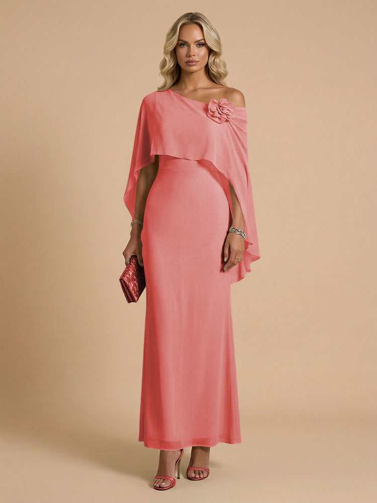 Chiffon Sheath Cowl Neck Long Bridesmaid Dresses with Cape