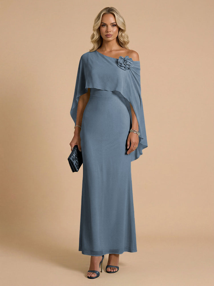Chiffon Sheath Cowl Neck Long Bridesmaid Dresses with Cape