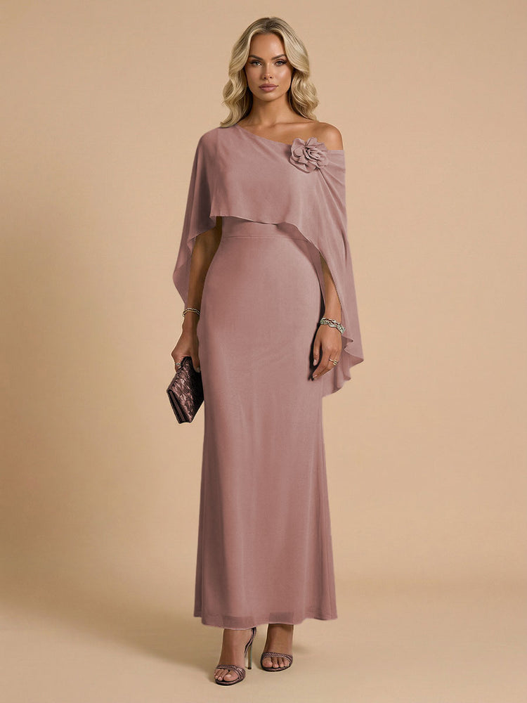 Chiffon Sheath Cowl Neck Long Bridesmaid Dresses with Cape