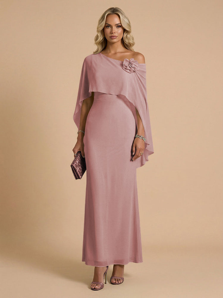 Chiffon Sheath Cowl Neck Long Bridesmaid Dresses with Cape