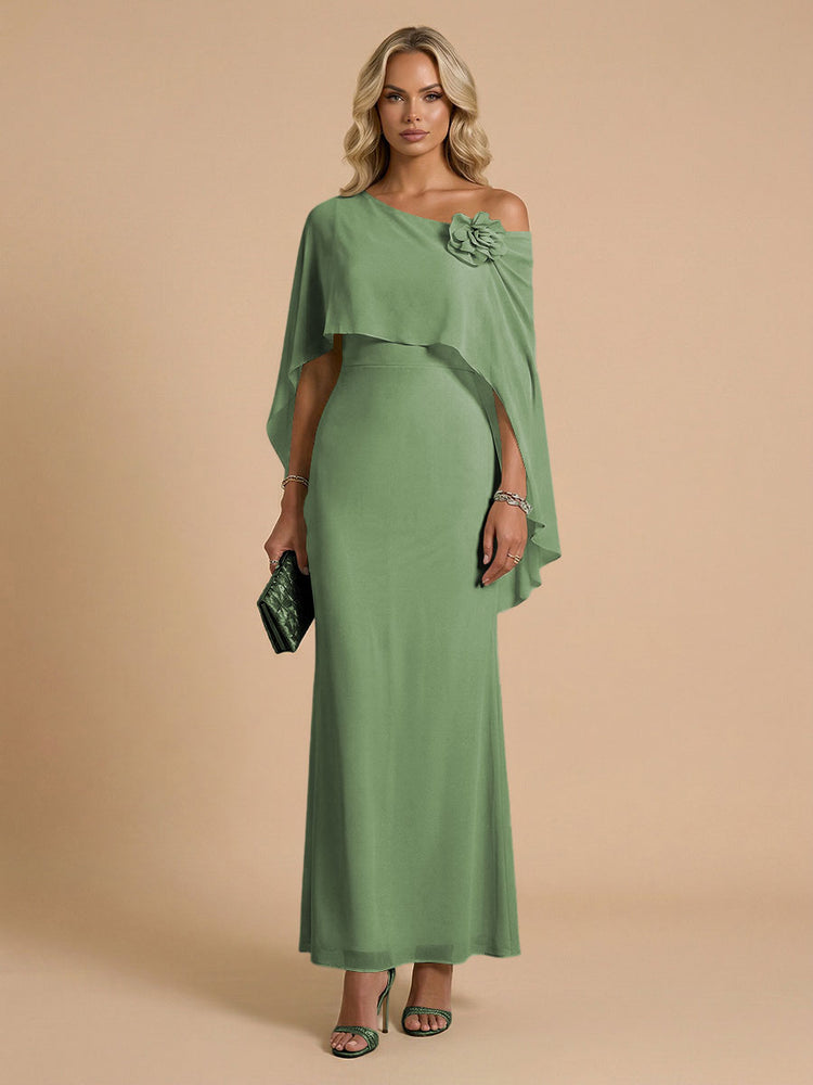 Chiffon Sheath Cowl Neck Long Bridesmaid Dresses with Cape
