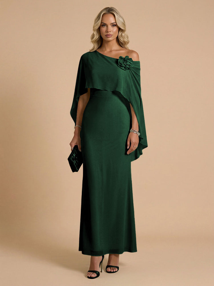 Chiffon Sheath Cowl Neck Long Bridesmaid Dresses with Cape