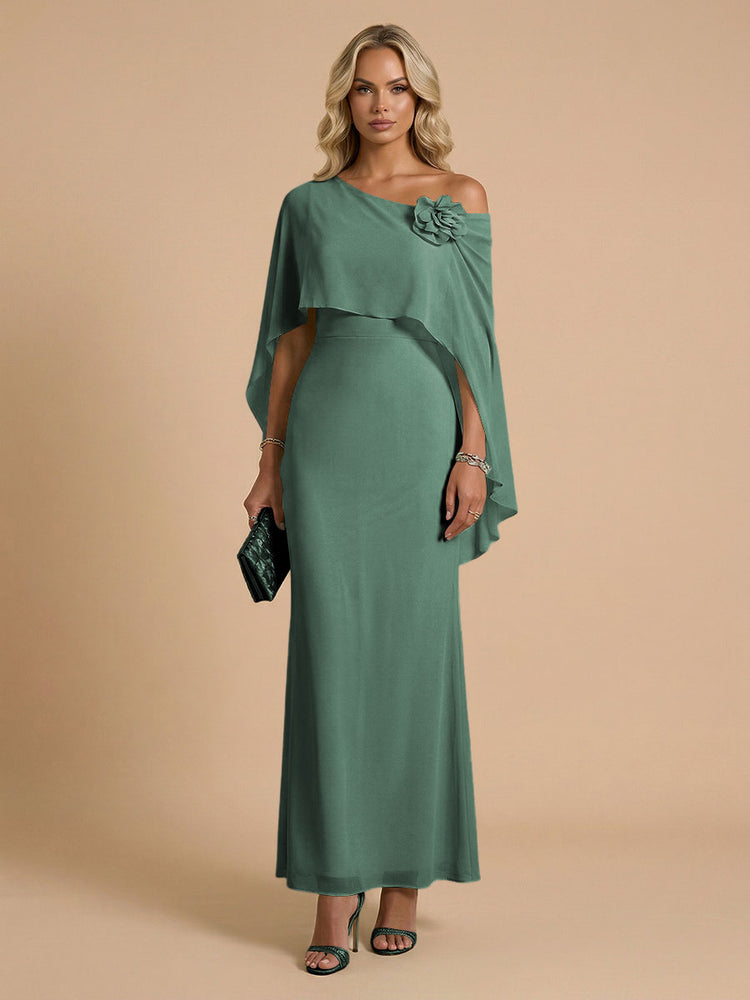 Chiffon Sheath Cowl Neck Long Bridesmaid Dresses with Cape