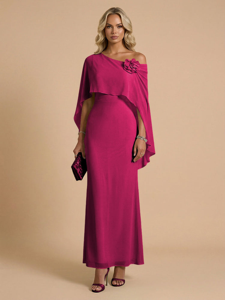 Chiffon Sheath Cowl Neck Long Bridesmaid Dresses with Cape