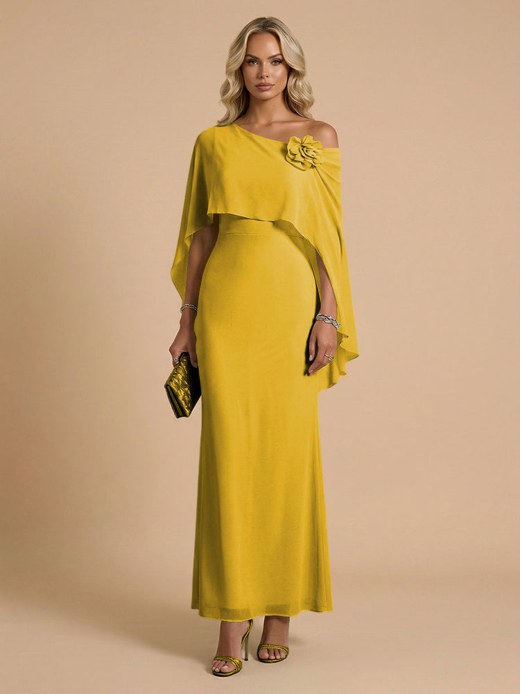 Chiffon Sheath Cowl Neck Long Bridesmaid Dresses with Cape