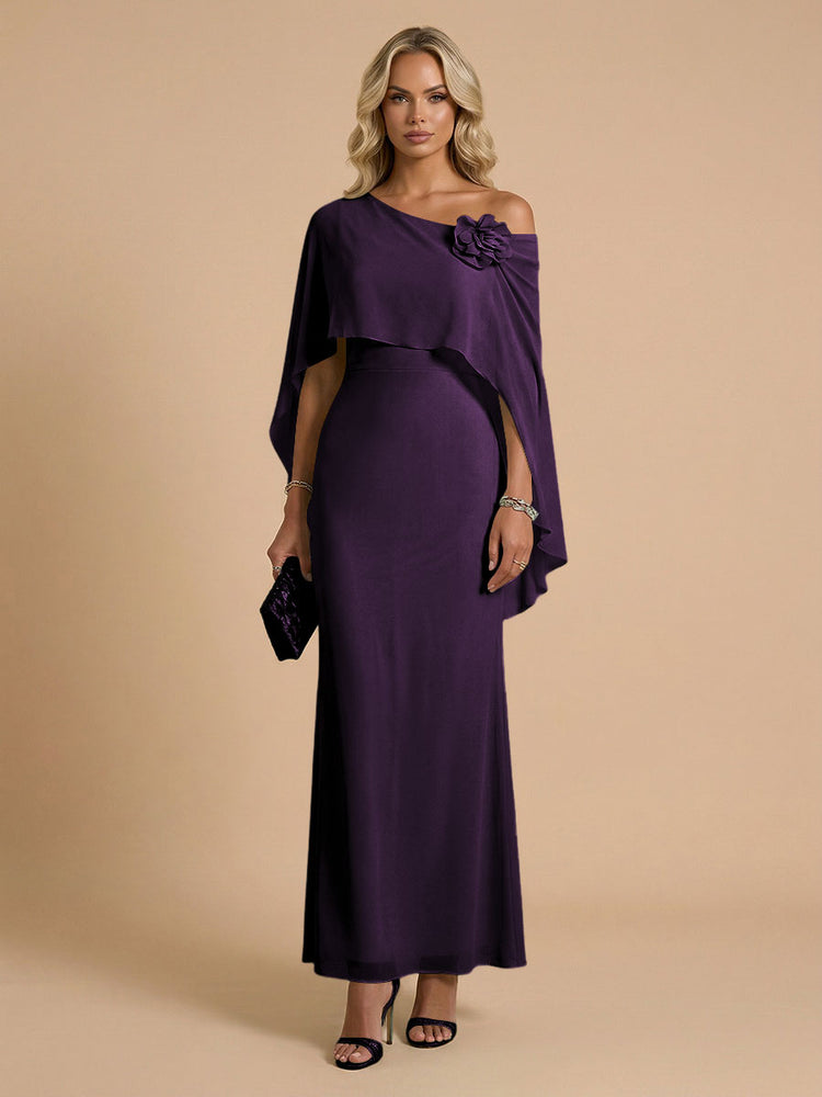 Chiffon Sheath Cowl Neck Long Bridesmaid Dresses with Cape