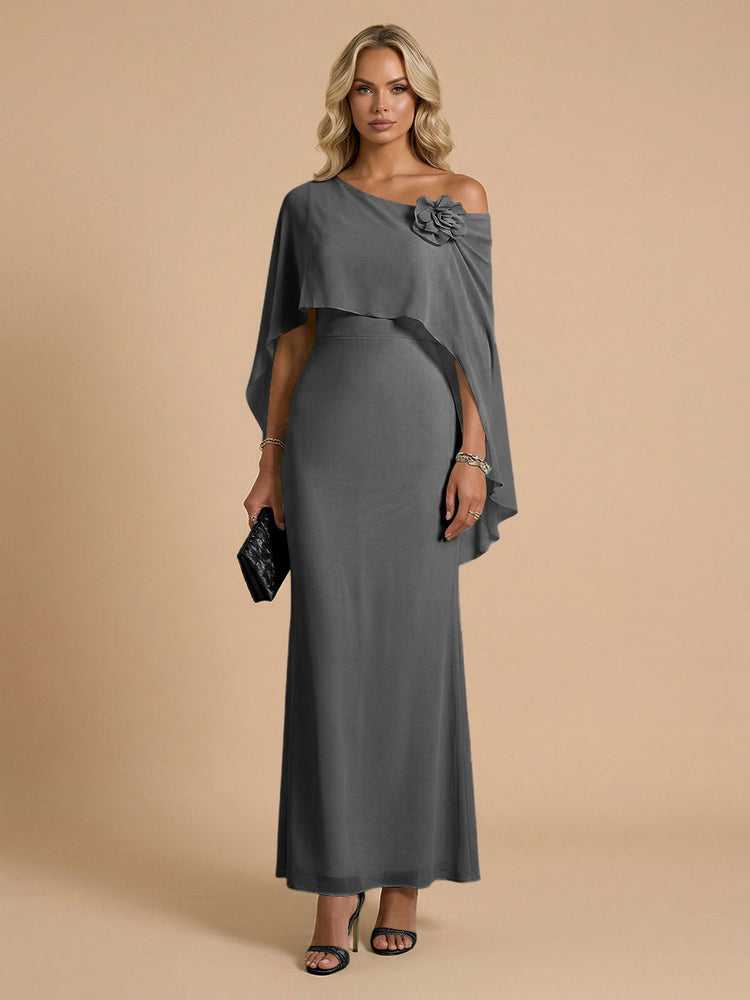 Chiffon Sheath Cowl Neck Long Bridesmaid Dresses with Cape