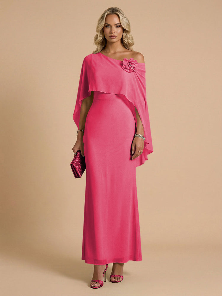 Chiffon Sheath Cowl Neck Long Bridesmaid Dresses with Cape