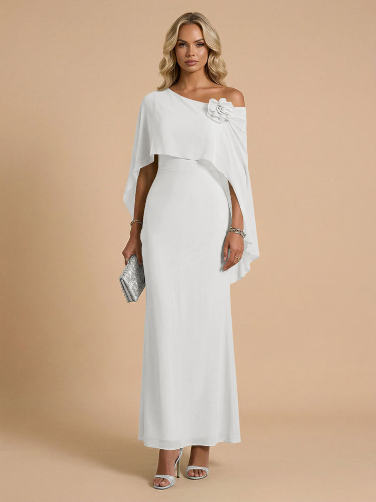 Chiffon Sheath Cowl Neck Long Bridesmaid Dresses with Cape