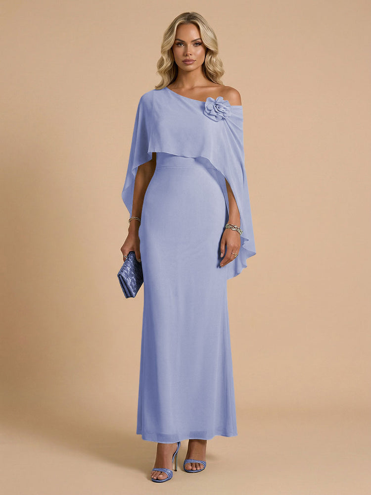 Chiffon Sheath Cowl Neck Long Bridesmaid Dresses with Cape
