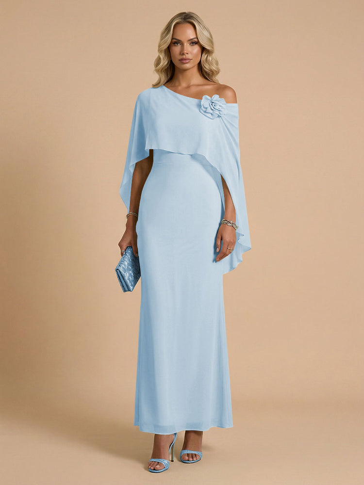 Chiffon Sheath Cowl Neck Long Bridesmaid Dresses with Cape