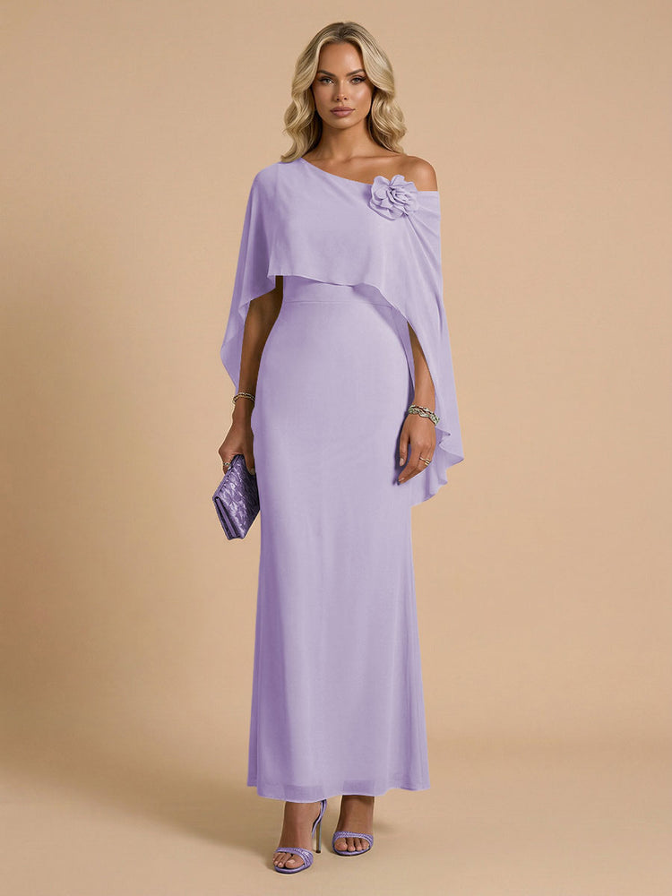 Chiffon Sheath Cowl Neck Long Bridesmaid Dresses with Cape