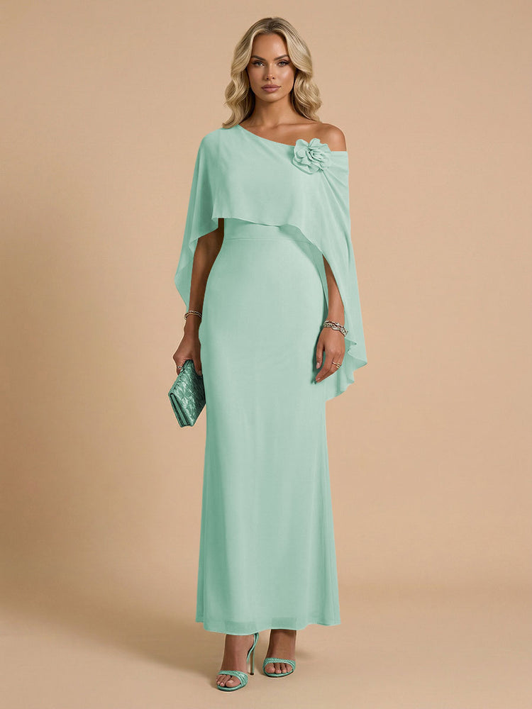 Chiffon Sheath Cowl Neck Long Bridesmaid Dresses with Cape