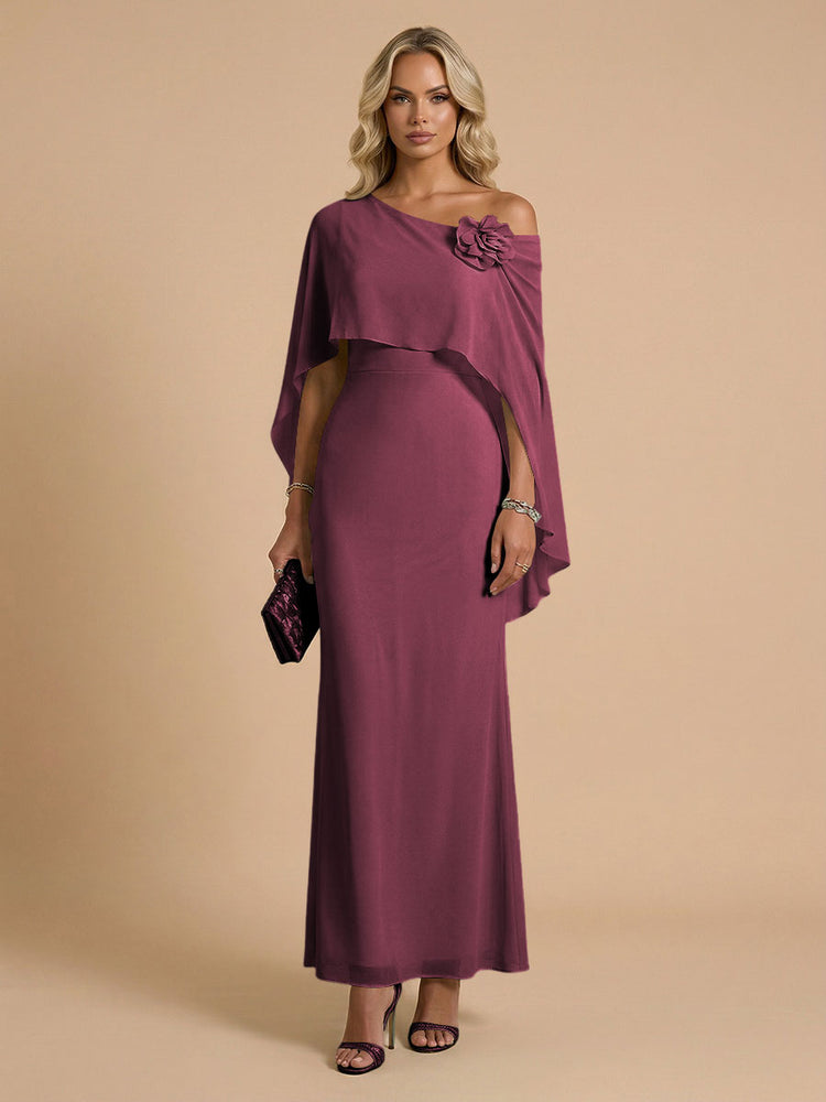 Chiffon Sheath Cowl Neck Long Bridesmaid Dresses with Cape