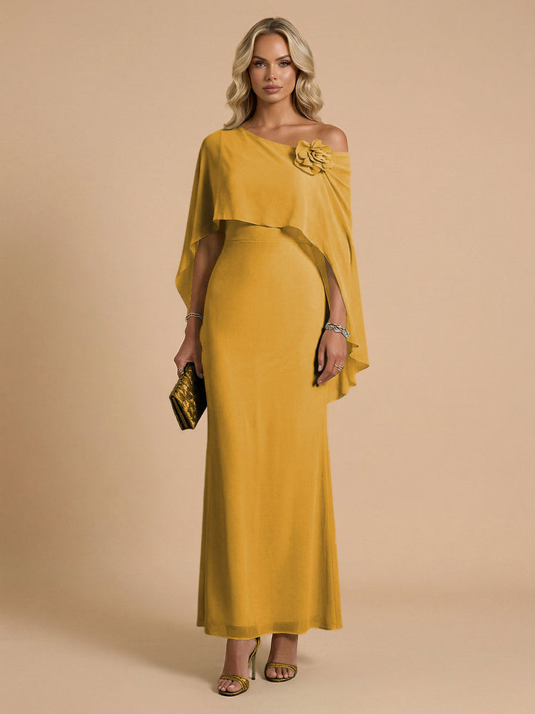 Chiffon Sheath Cowl Neck Long Bridesmaid Dresses with Cape