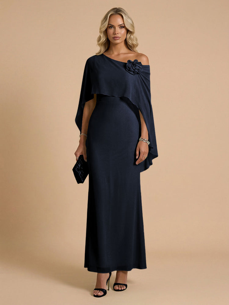 Chiffon Sheath Cowl Neck Long Bridesmaid Dresses with Cape