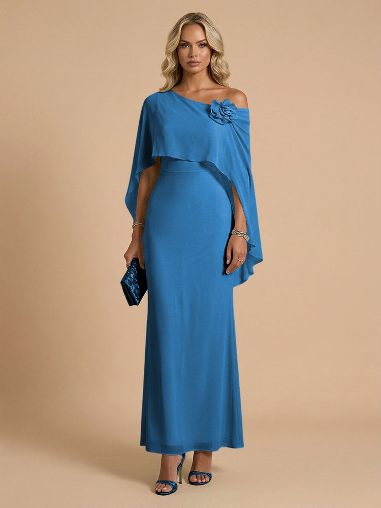 Chiffon Sheath Cowl Neck Long Bridesmaid Dresses with Cape