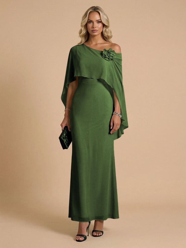 Chiffon Sheath Cowl Neck Long Bridesmaid Dresses with Cape