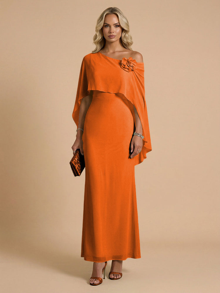 Chiffon Sheath Cowl Neck Long Bridesmaid Dresses with Cape