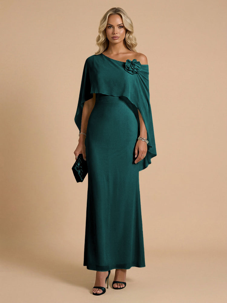Chiffon Sheath Cowl Neck Long Bridesmaid Dresses with Cape