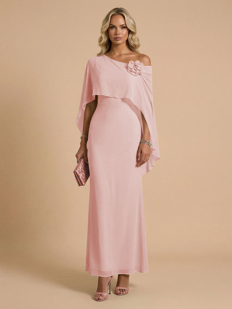 Chiffon Sheath Cowl Neck Long Bridesmaid Dresses with Cape