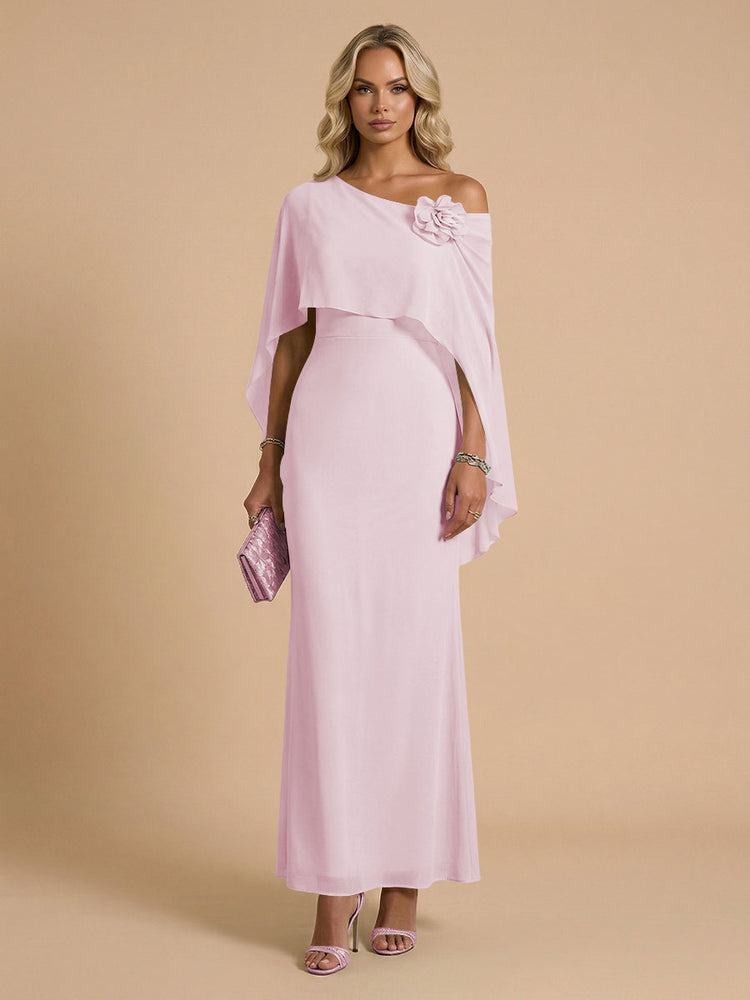 Chiffon Sheath Cowl Neck Long Bridesmaid Dresses with Cape