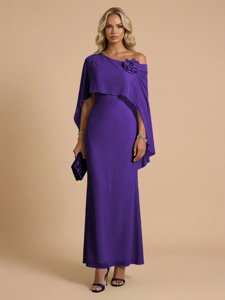 Chiffon Sheath Cowl Neck Long Bridesmaid Dresses with Cape